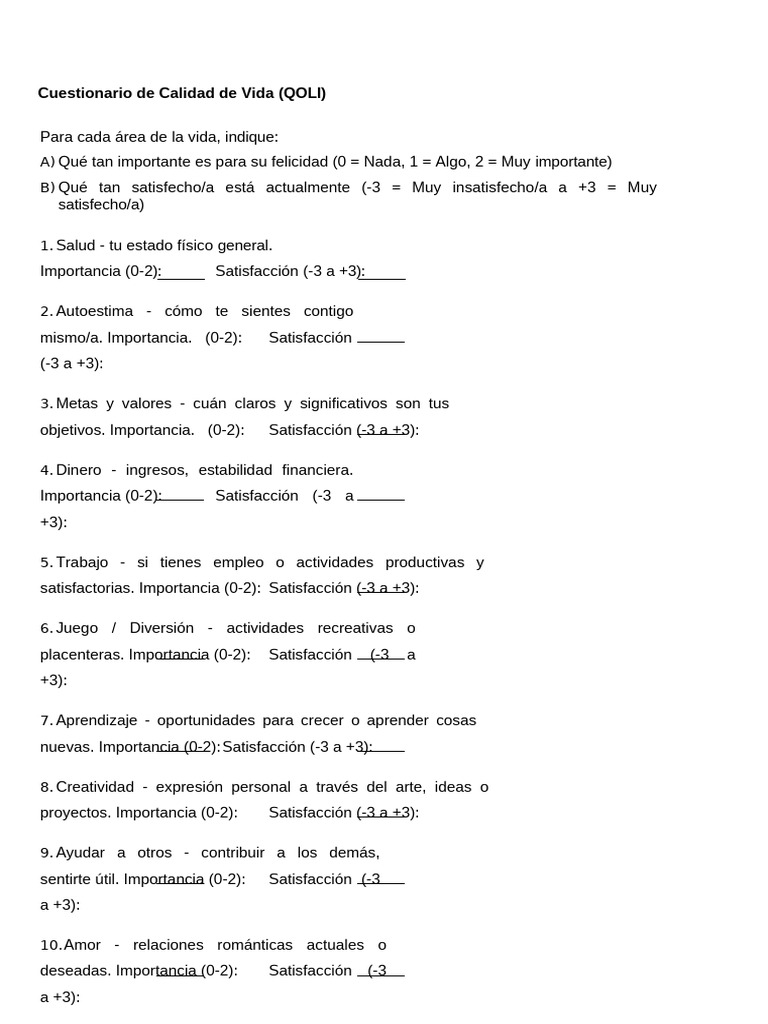 Cuestionario de Calidad de Vida (QOLI) | PDF | Ciencias del ...