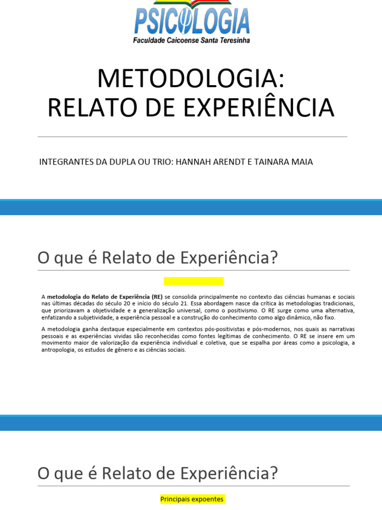 Metodologia do Relato de Experiência | PDF | Experiência ...