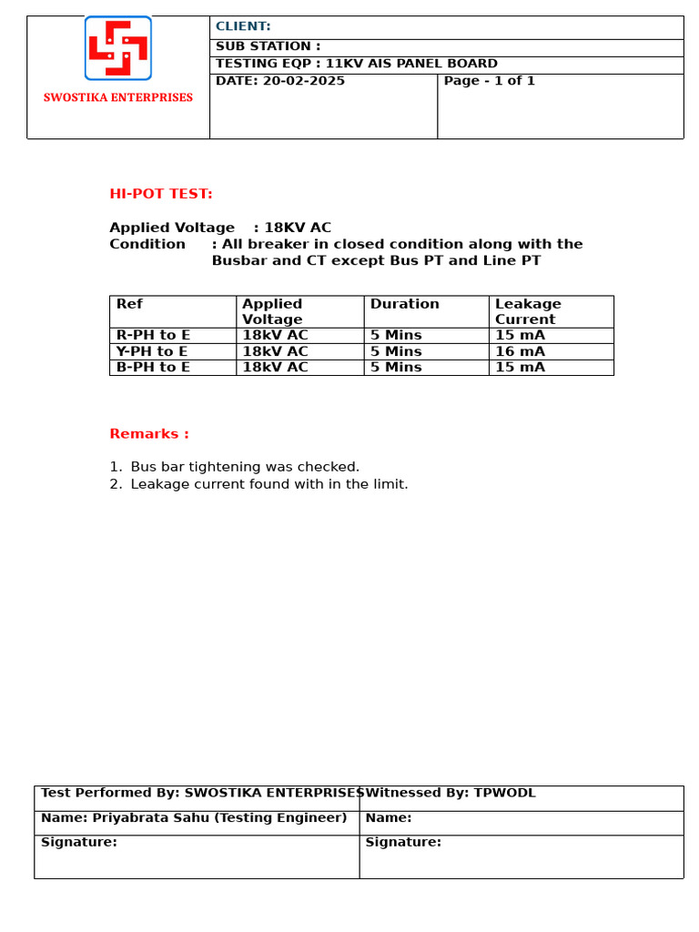 Hi-Pot Test Report for 11KV AIS Panel | PDF