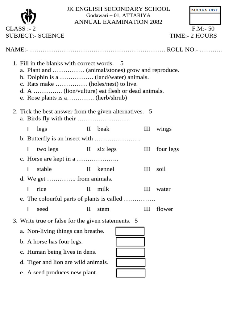 Class 2 Science Exam Questions & Answers | PDF | Zoology | Organisms