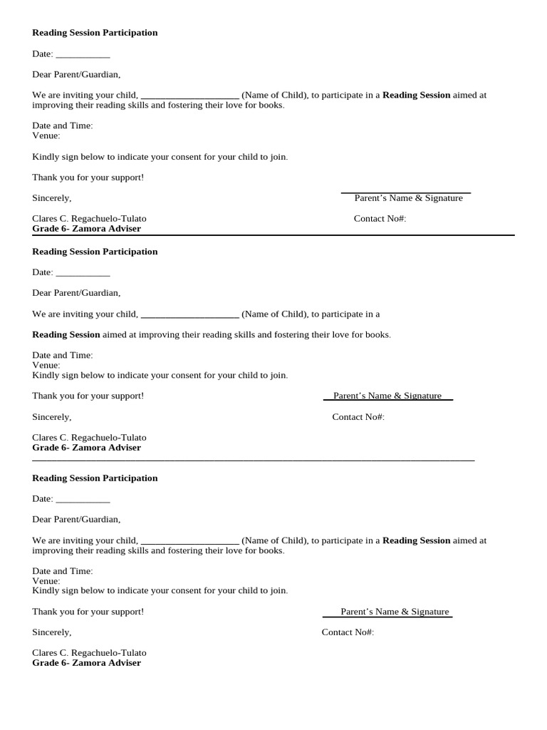Grade 6 Reading Session Invitation | PDF