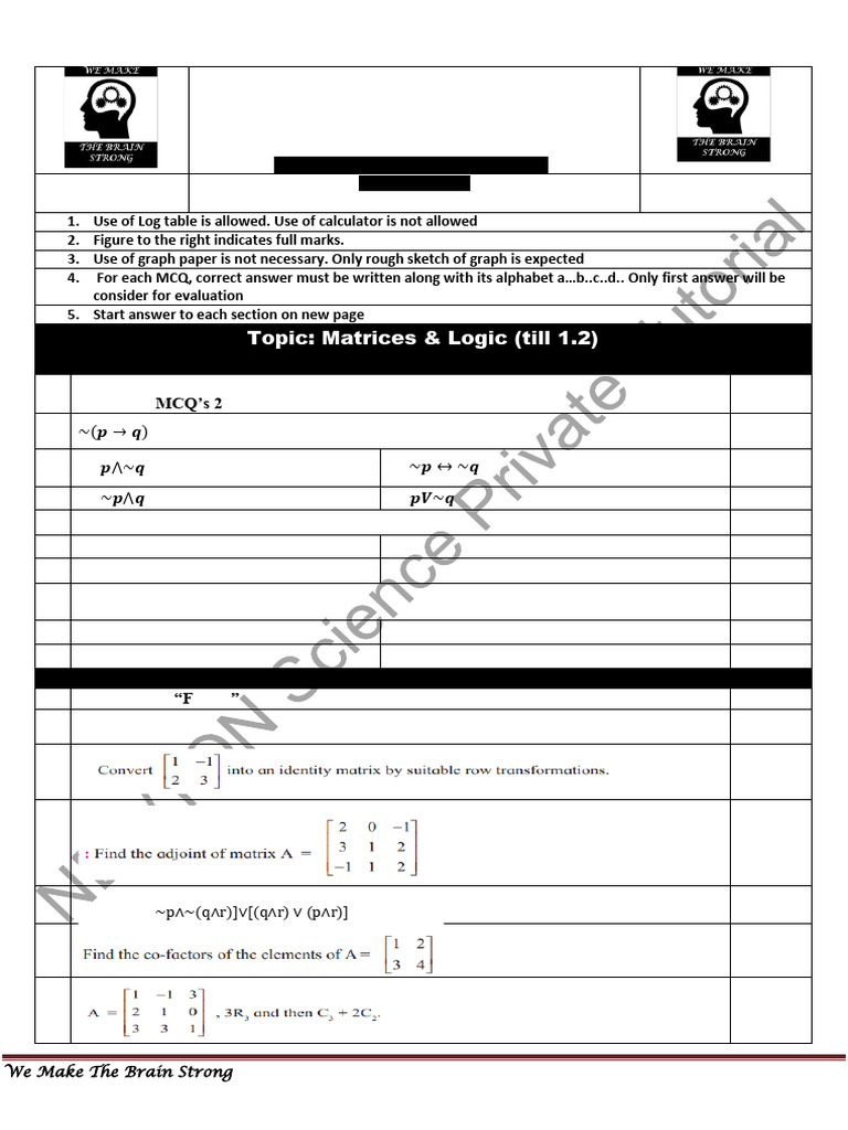 HSC Math Test: Matrices & Logic | PDF | Matrix (Mathematics) | Mathematics