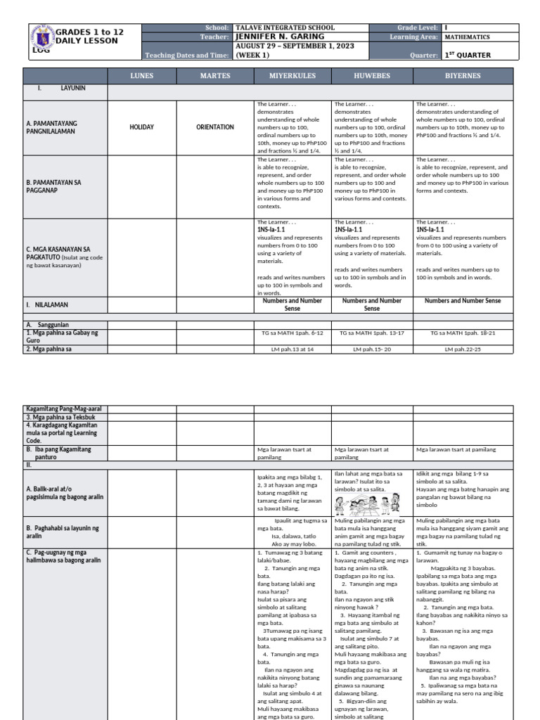 DLL Mathematics-1 q1 w1 W Orientation | PDF