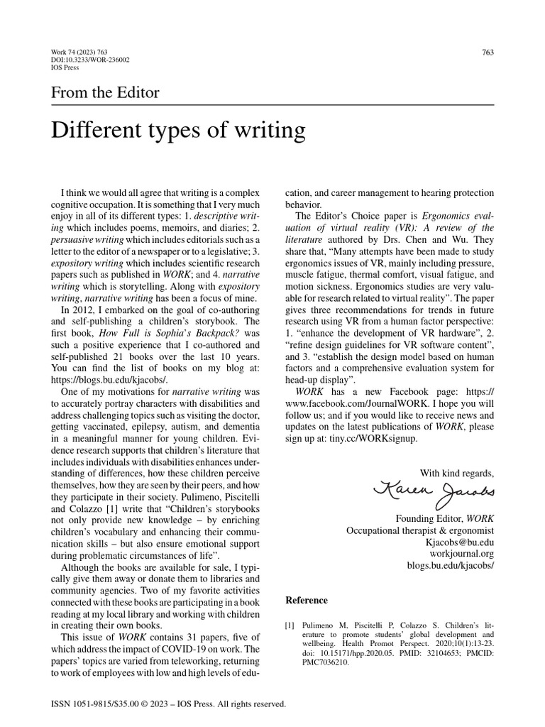 Jacobs 2023 Different Types of Writing | PDF | Virtual Reality | Psychology