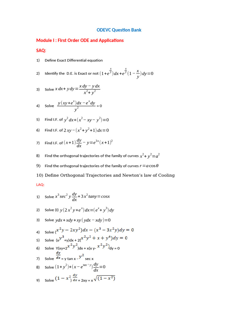 ODE Question Bank: First to Higher Order | PDF | Linear Algebra | Algebra