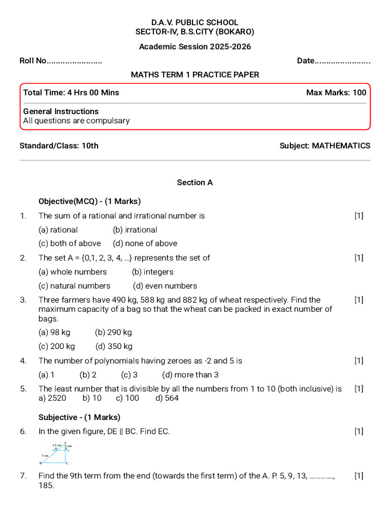 Maths Term 1 Practice Paper | PDF | Numbers | Polynomial