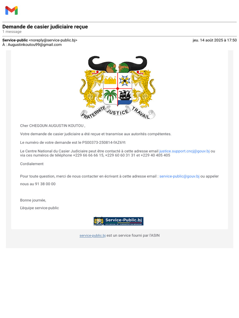 Confirmation de demande de casier judiciaire | PDF