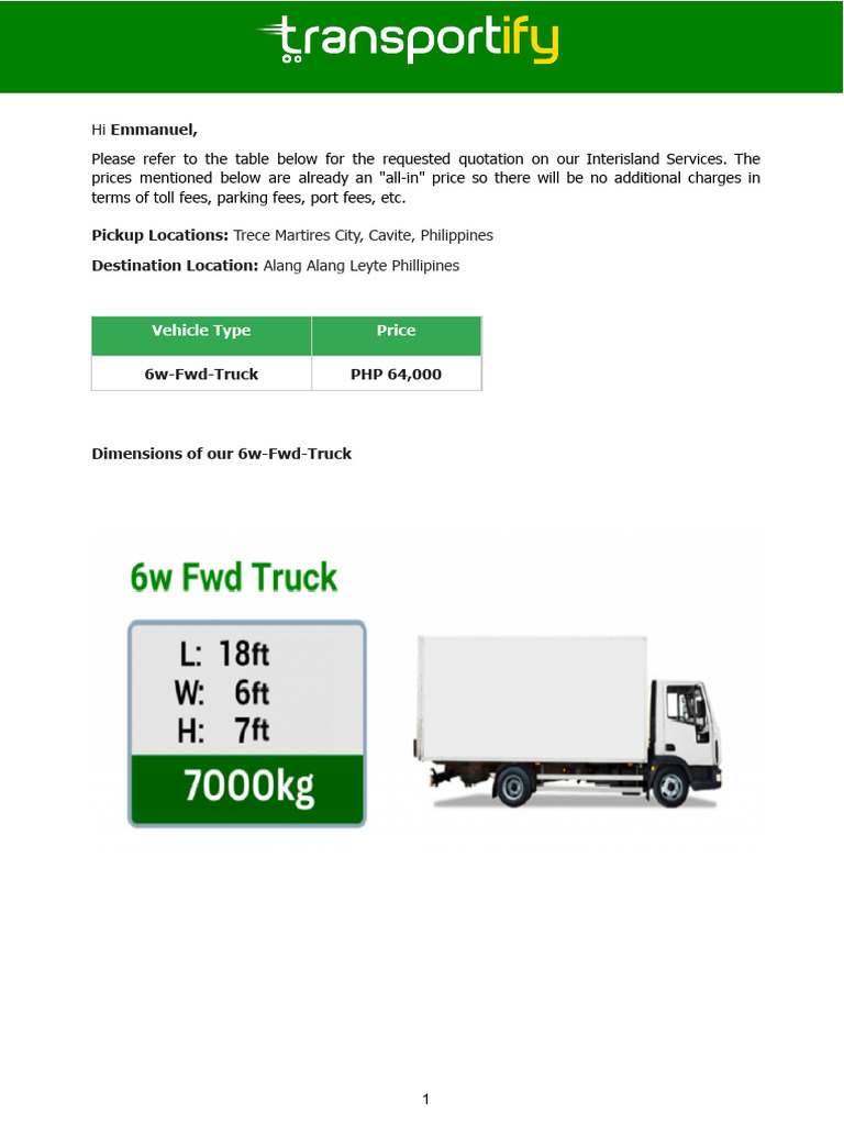 Transportify Interisland Rates for 6W Truck | PDF | Fee | Cash