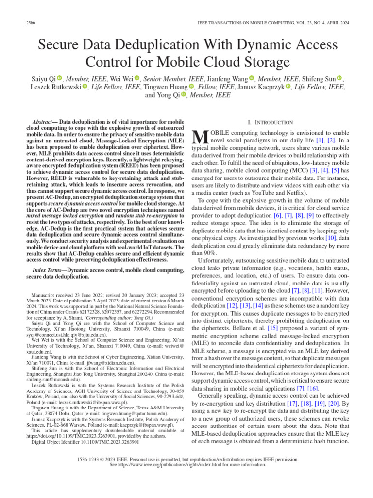 Secure Dynamic Access for Data Deduplication | PDF | Encryption | Key ...