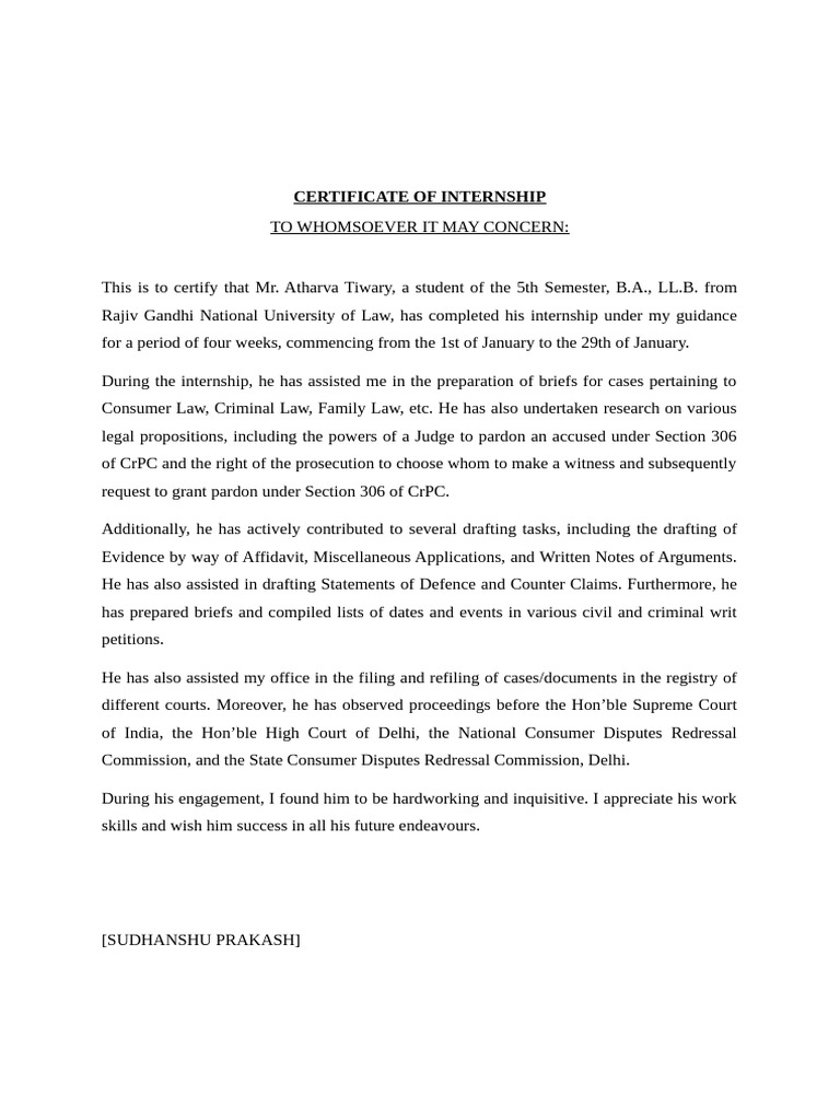 Internship Certificate for Law Student | PDF