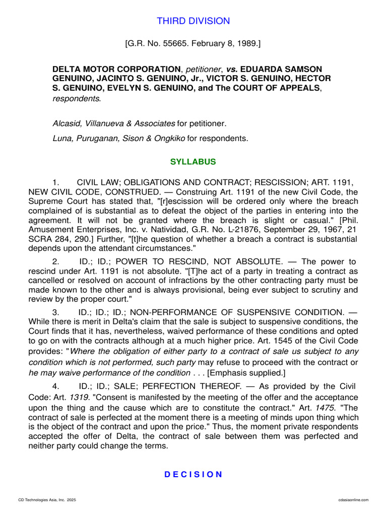 Delta Motor Corp vs. Genuino: Contract Rescission | PDF | Breach Of ...