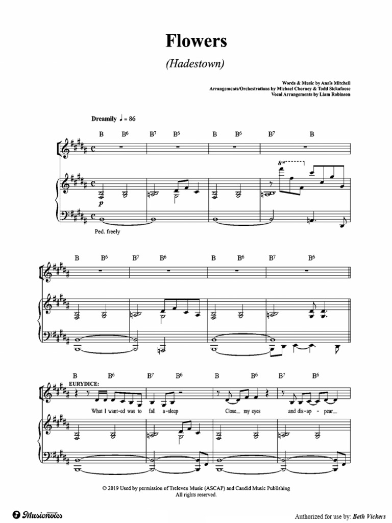 Flowers - B Major - Hadestown | PDF