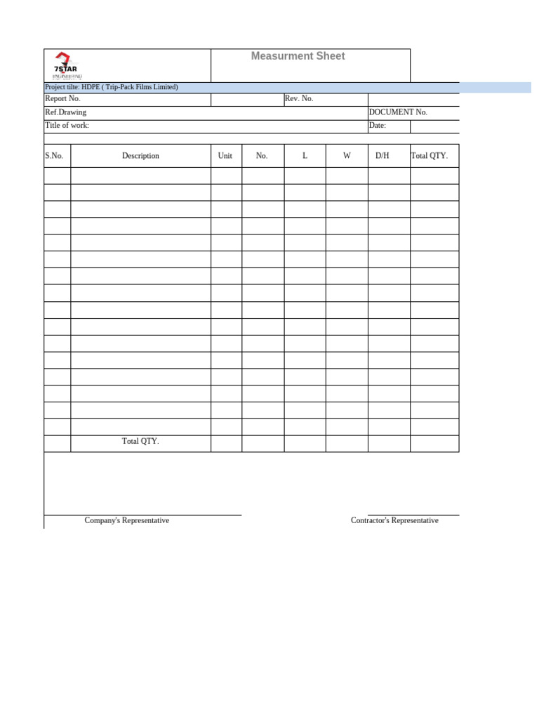 Measurement Sheet (Short Cal.) | PDF