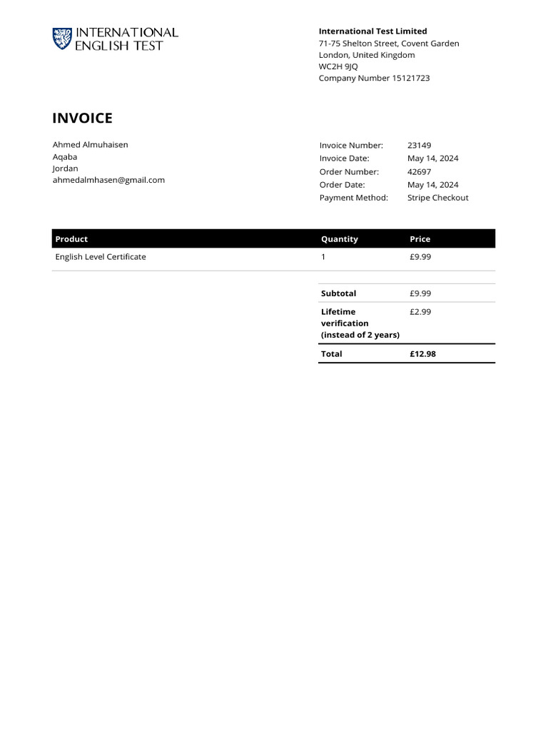 Invoice for English Level Certificate | PDF