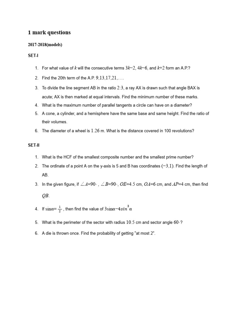 Math Question Sets for 2017-2018 Exams | PDF | Sphere | Circle