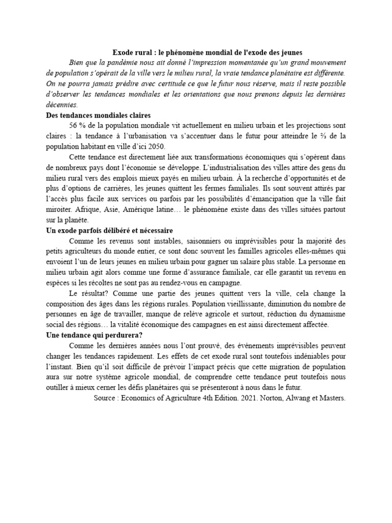 Exode rural : jeunes vers les villes | PDF | Zone rurale | Ville