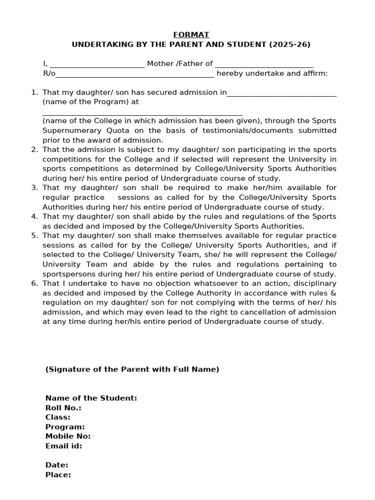Sports Admission Undertaking Form 2025-26 | PDF