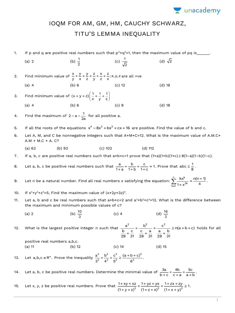 Ioqm For Am, GM, HM, Cauchy Schwarz | PDF | Real Number | Mathematical ...