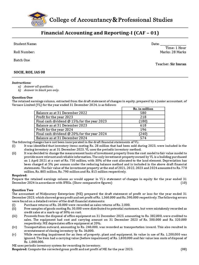 CAF 1 Test (IAS 8, ROE) With Solution | PDF | Debits And Credits ...