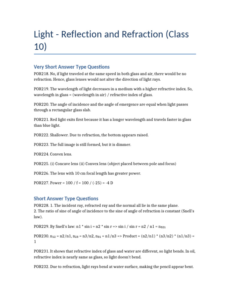 Light Reflection Refraction QA Class10 | PDF | Refraction | Refractive ...
