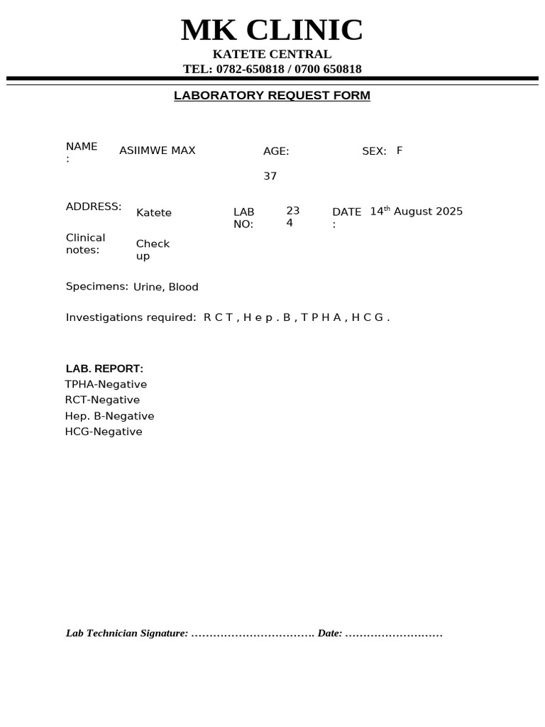 MK Clinic Lab Request Form | PDF