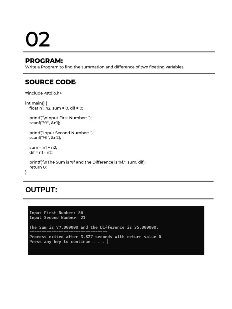 Sum and Difference of Floats Program | PDF