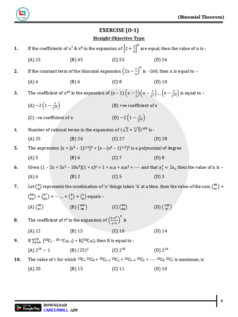 Sheet - 01 _ Binomial Theorem | PDF | Integer | Discrete Mathematics