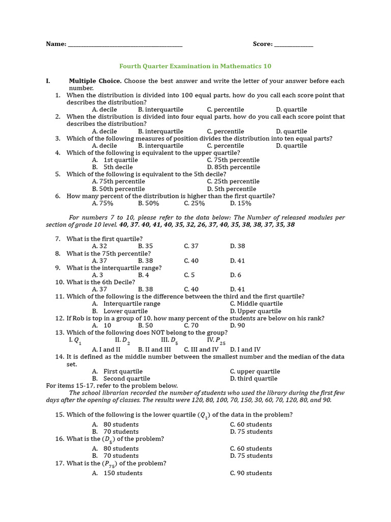 Math 10 4th QE Questionnaire.docx | PDF | Quartile | Percentile