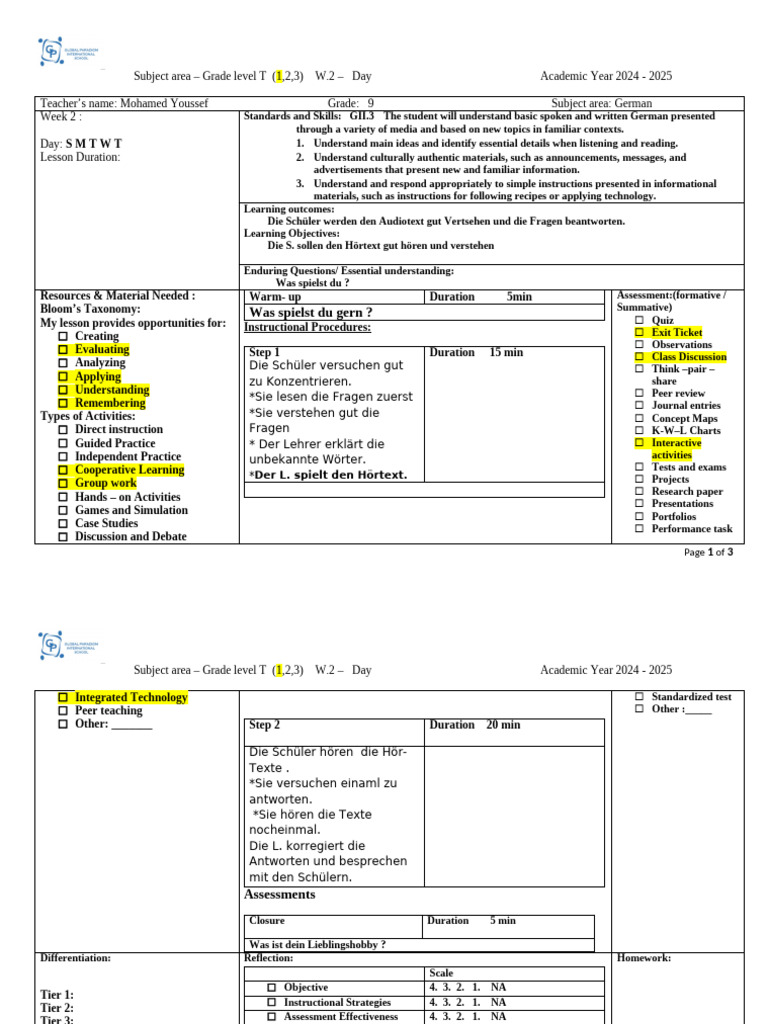German Lesson Plan for Grade 9 | PDF | Teaching | Human Communication