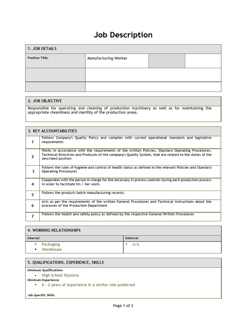 Manufacturing Worker JD | PDF