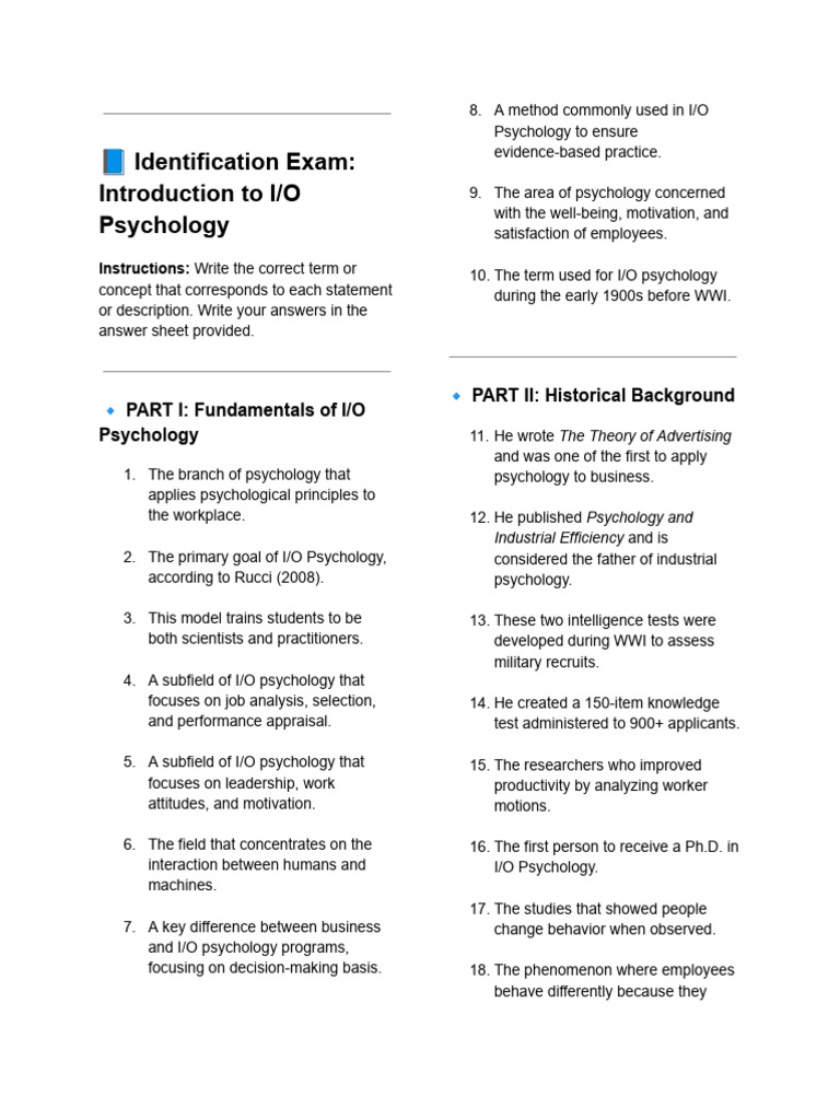 I/O Psychology Identification Exam Guide | PDF | Psychology ...