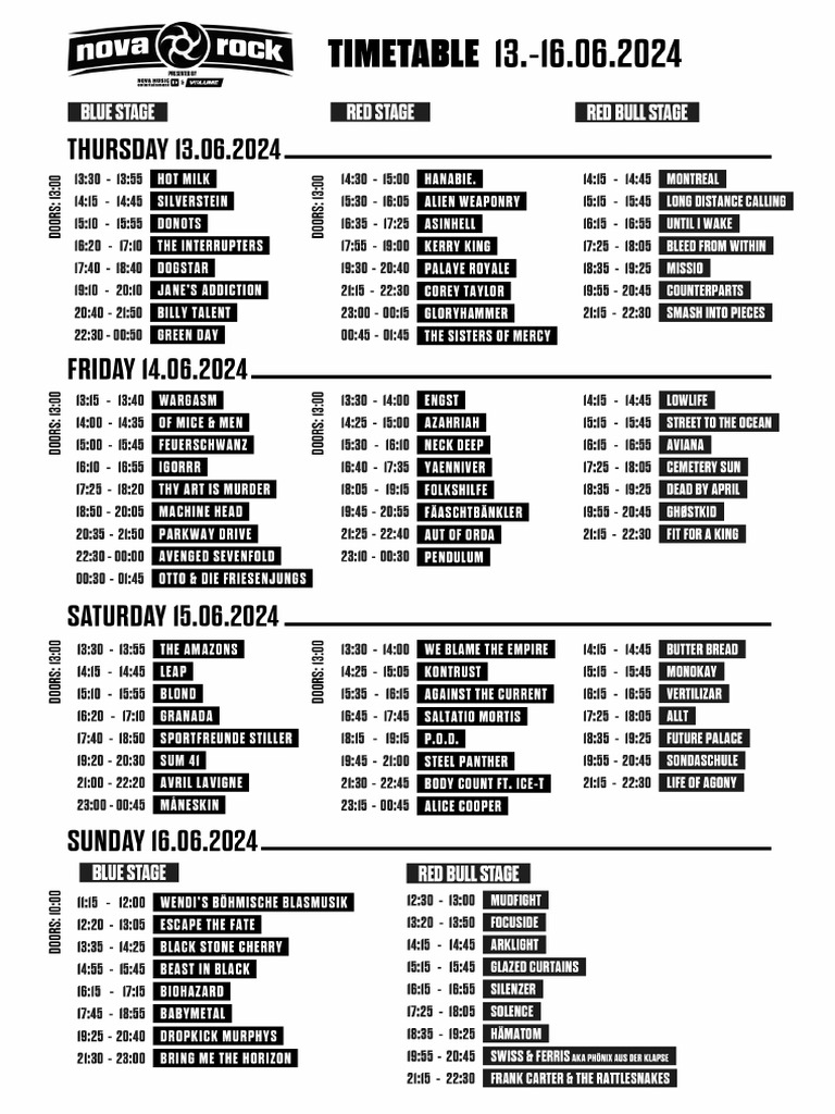 Nova Rock 2024 Timetable | PDF