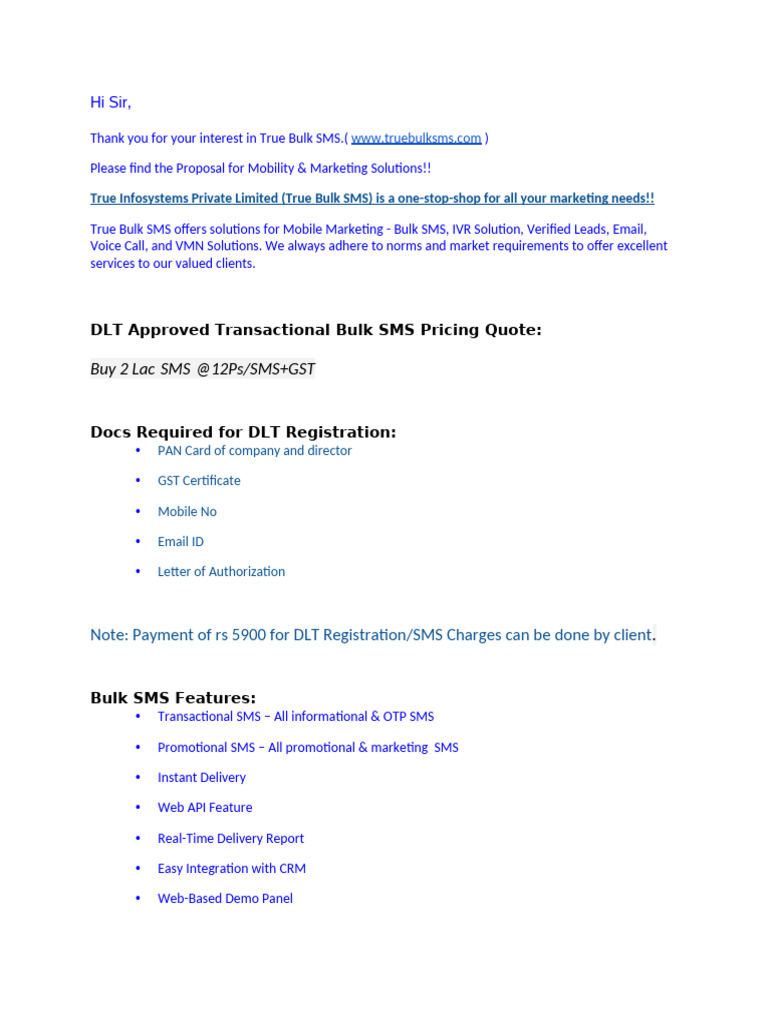 True Bulk SMS Proposal Overview | PDF