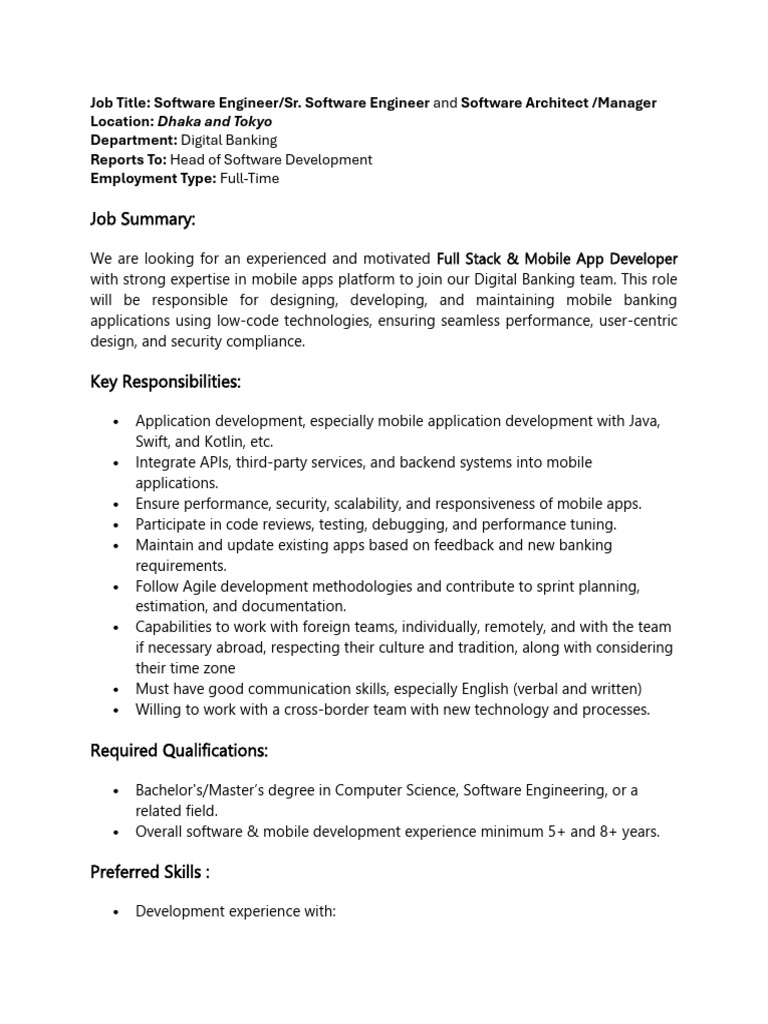 Full Stack Mobile App Developer Role | PDF | Software Industry ...