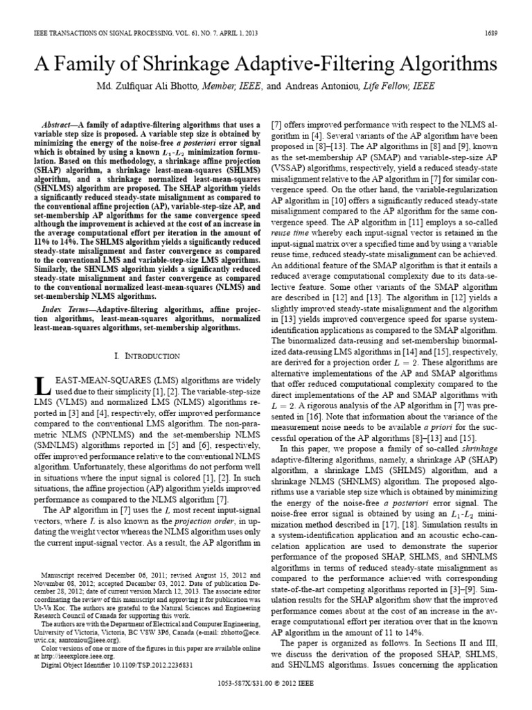 Shrinkage Adaptive-Filtering Algorithms | PDF | Mean Squared Error ...