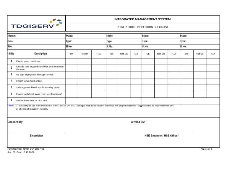 TDGI TD024 OCP OHS F 02 Power Tools Inspection Checklist | PDF