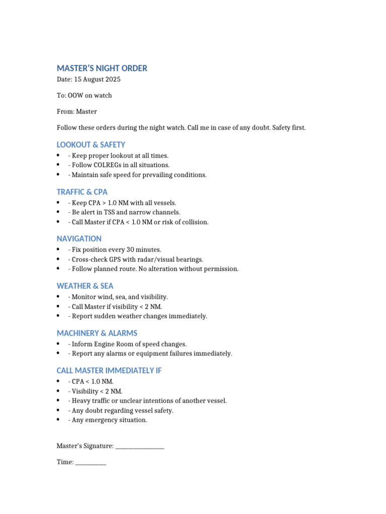 Master's Night Orders for OOW | PDF