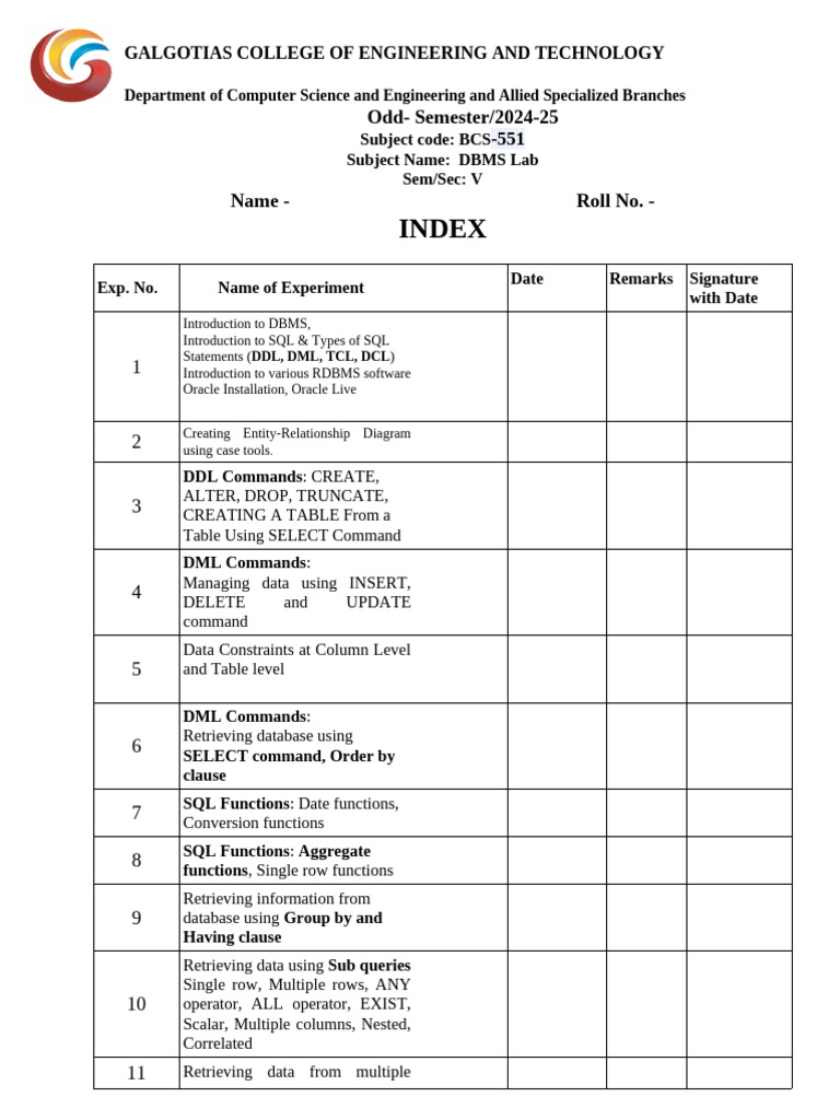DBMS Lab Experiments for CSE Students | PDF | Databases | Sql