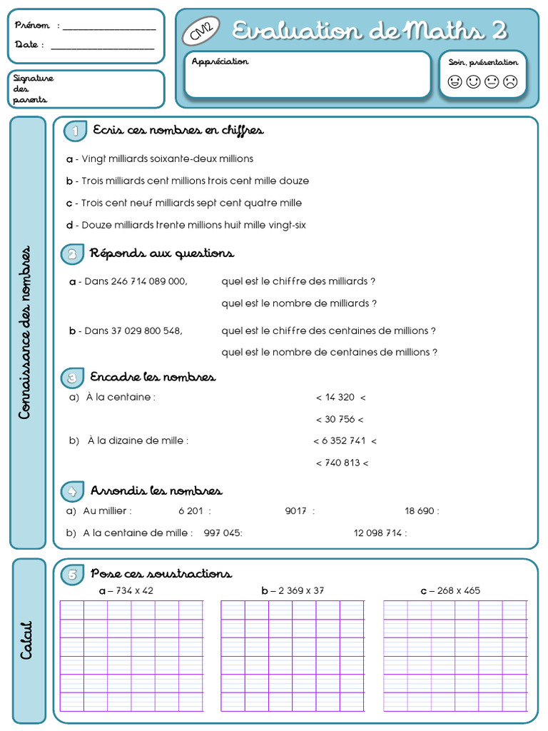 Évaluation de Maths CM2 : Nombres et Calculs | PDF