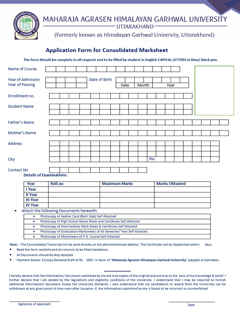 Consolidated Marksheet Application Form | PDF