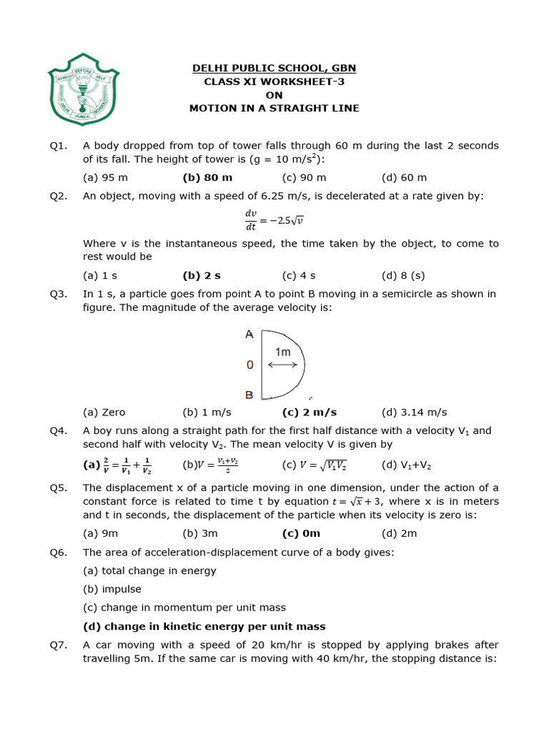 Motion in a Straight Line Worksheet | PDF | Velocity | Acceleration