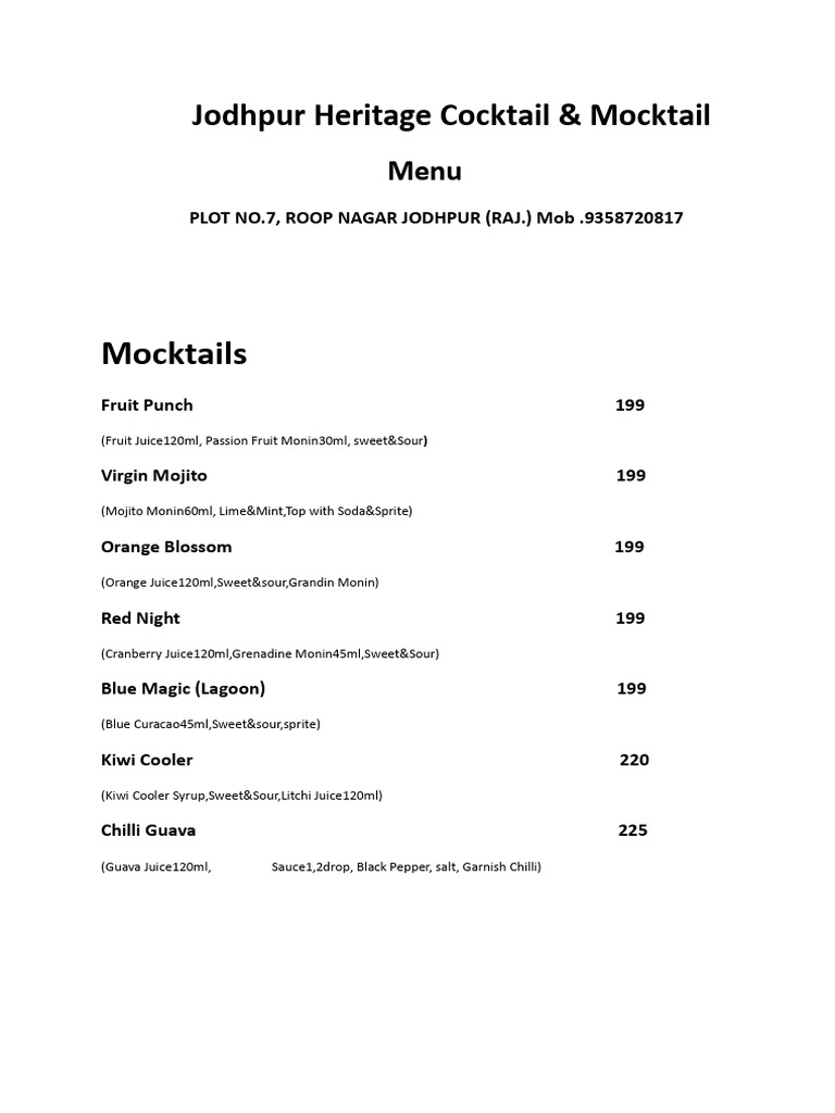 Jodhpur Heritage Mocktail & Cocktail Menu | PDF