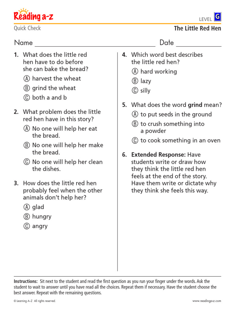 Little Red Hen Comprehension Quiz | PDF