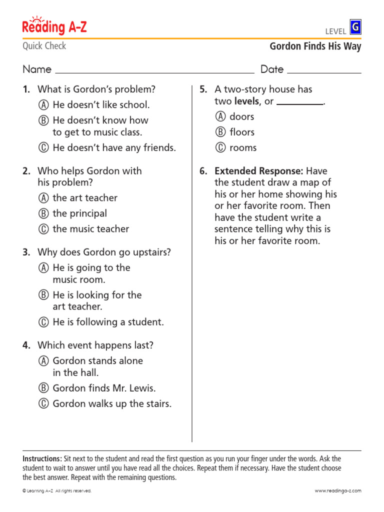 Gordon Finds His Way: Quick Check Guide | PDF | Reading Comprehension ...