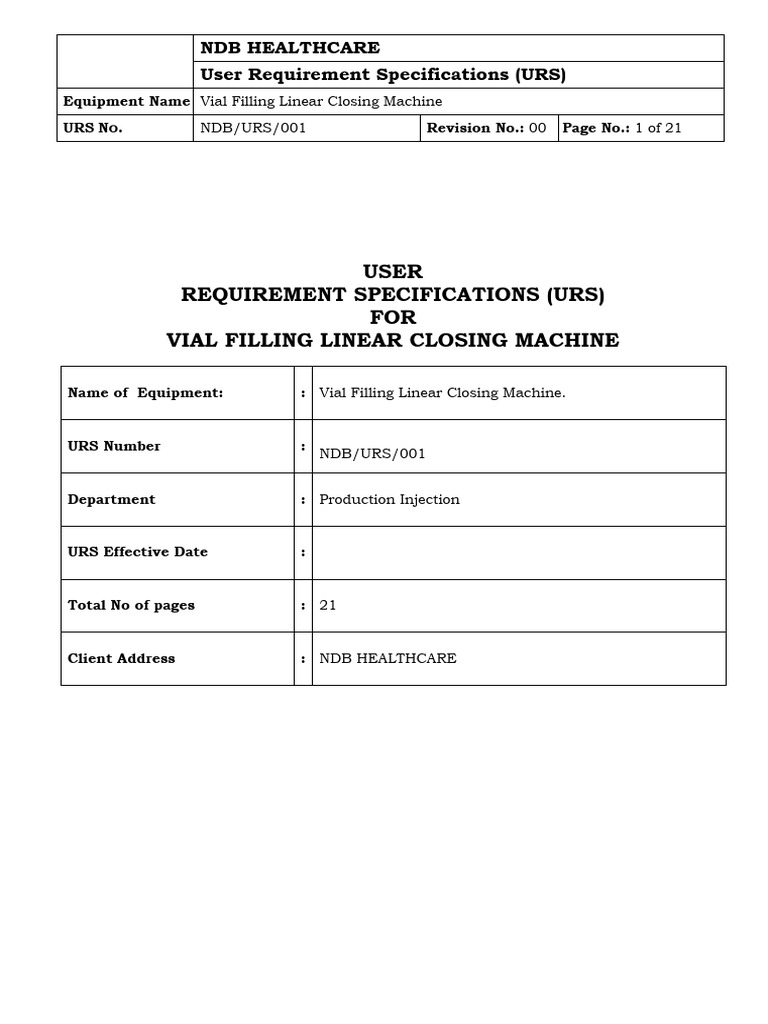 Vial Filling Machine URS Document | PDF | Specification (Technical ...
