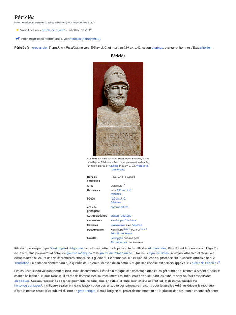 Périclès : Stratège et Orateur Athénien | PDF | Guerre du Péloponnèse ...