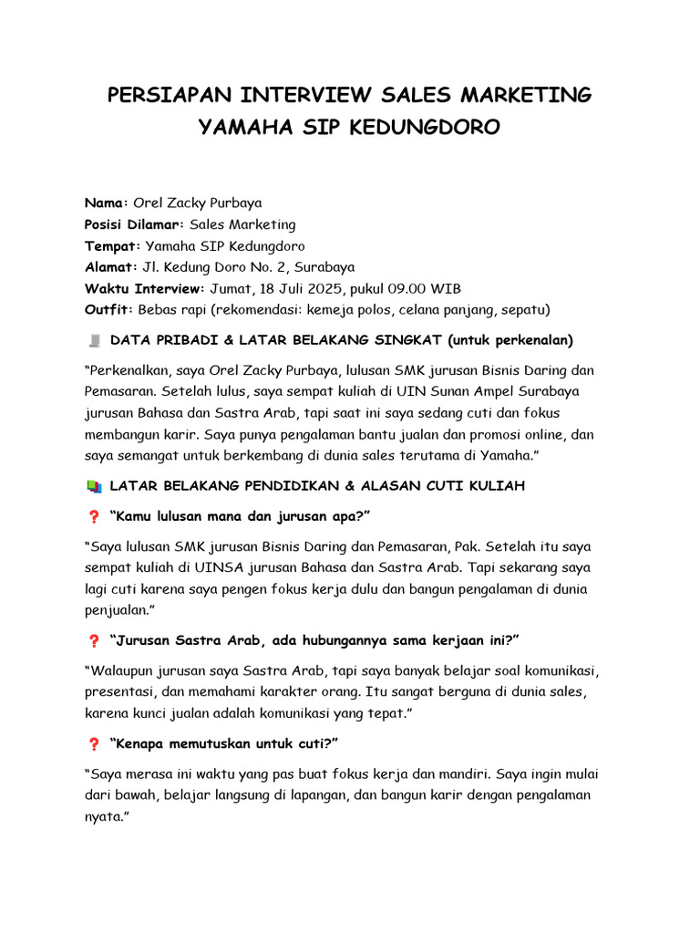 Persiapan Interview Sales Yamaha SIP | PDF