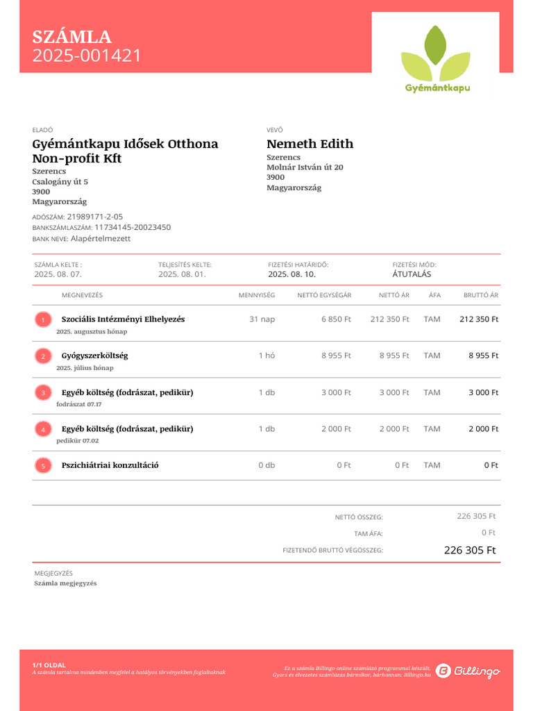 Számla: Gyémántkapu Idősek Otthona Non-Profit KFT Nemeth Edith | PDF