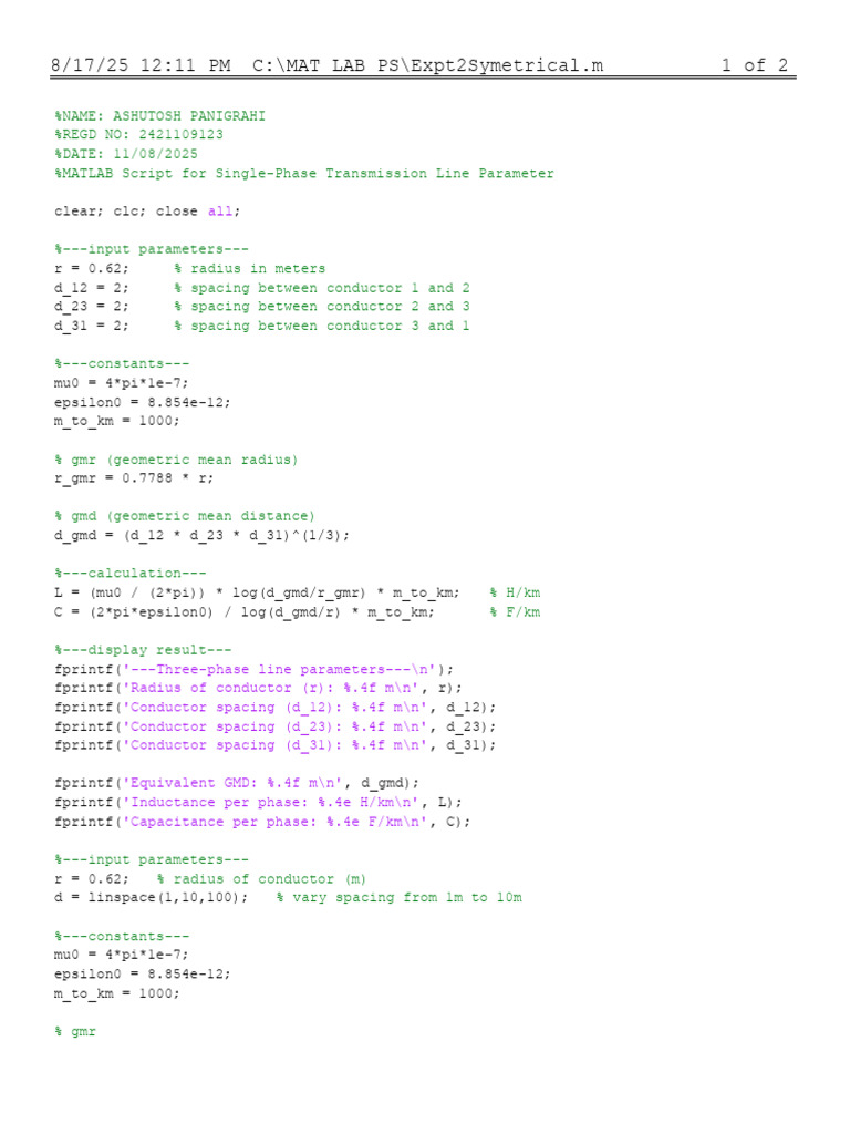 MATLAB Script for Line Parameters | PDF