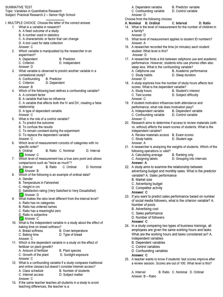 Variables in Quantitative Research Test | PDF | Level Of Measurement ...